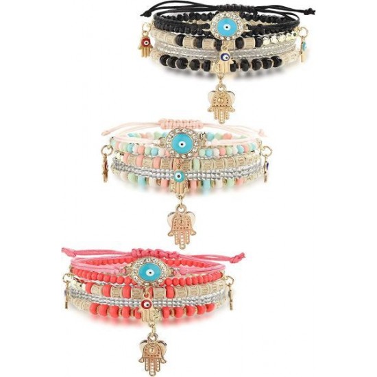 3 Sets Bohemian Beaded Bracelets Set For Women Men Multilayer Hamsa Hand Evil Eye Charms Stretch Stackable Bracelet